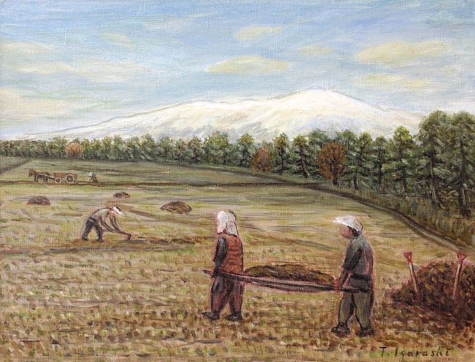 五十嵐豊作画 「西川原（千石町）の田圃で堆肥を散らす」