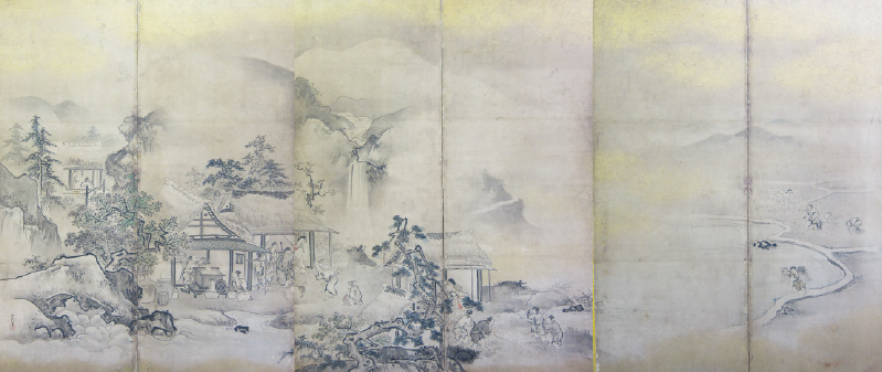 狩野常信《四季農耕図屏風》（左隻）　江戸時代前期〜中期致道博物館蔵