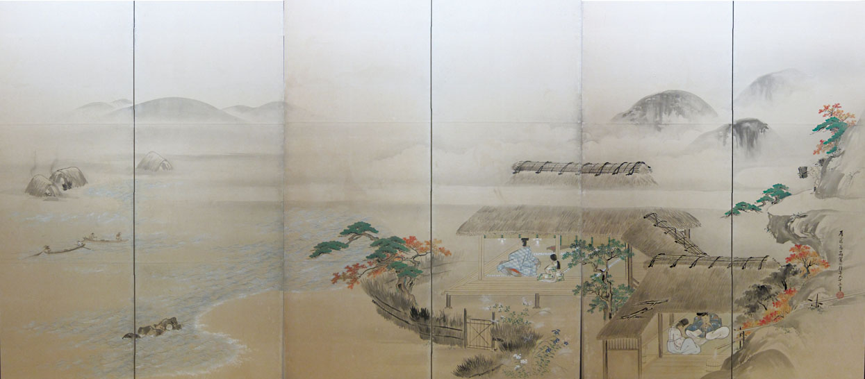 上杉家からの拝領品 高嵩谷《須磨・住吉図屏風》(右隻)　 寛政6年(1794)　当館蔵（酒田市指定文化財）