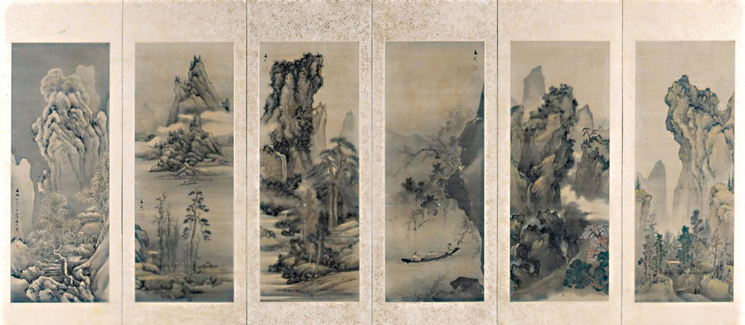 谷文晁《十二ヶ月山水屏風》(左隻)　 文政元年(1818)　当館蔵